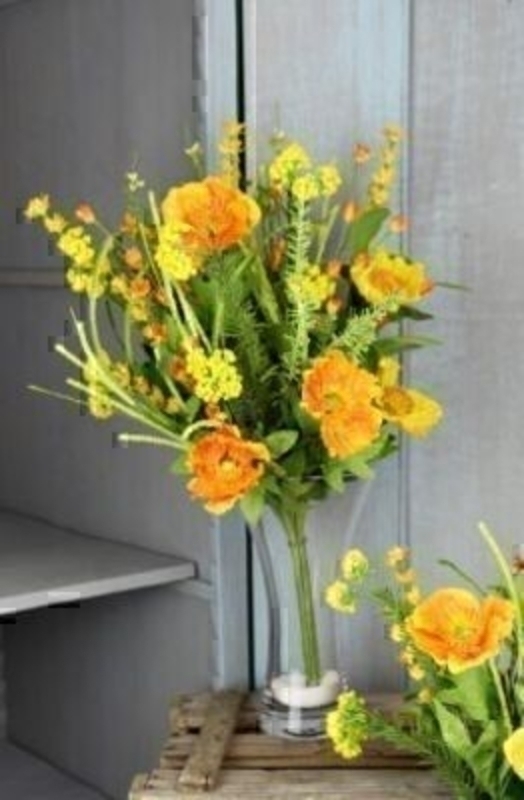Orange and Yellow Artificial Meadow Flowers Bloomsbury Vase Not Included. Bouquet of Orange and Yellow Artificial Meadow Flowers by Bloomsbury. Can also be called silk flowers the quality of these artificial flowers by Bloomsbury is second to none. For Realistic fake or silk flowers Bloomsbury are the perf
